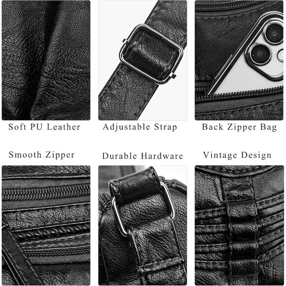 Women's Black Soft Pu Leather Multi-pocket Shoulder Bag Medium Cross-body Purse - Picture 5 of 8